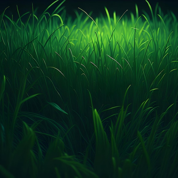 Grünes Gras im Dunkeln mit sanftem Licht auf seiner Oberfläche