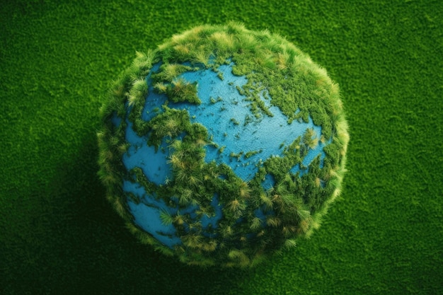 Grünes Gras in Form einer Weltkugel isoliert auf blauem Hintergrund