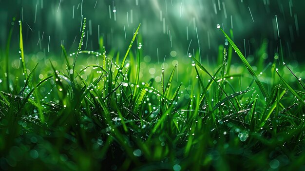 Grünes Gras mit glänzenden Tau-Regenstropfen