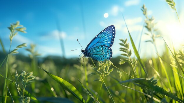 Grünes Gras und Fliegenschmetterling gegen abendblauen, sonnigen Himmel Generative KI