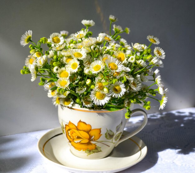 grünes gras und gelbe blume in der tasse, frühstückskomposition für flachgelegte fotos