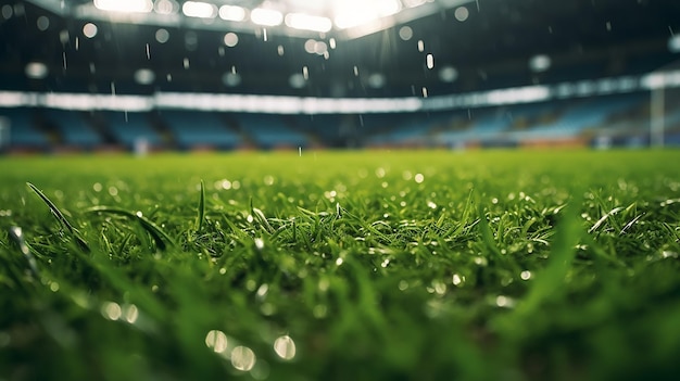 grünes Gras unten Blick auf ein Fußballstadion im Regen