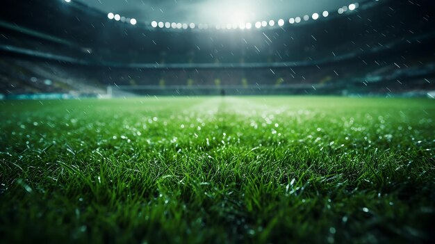 grünes Gras unten Blick auf ein Fußballstadion im Regen