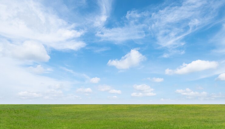 Foto grünes grasfeld und blauer himmel mit weißen wolken.