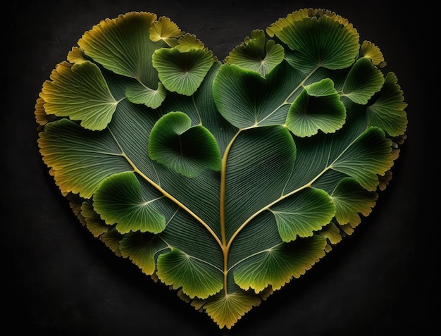 Grünes Herz aus Ginkgo-Biloba-Blättern Umweltschutzkonzept erstellt mit generativer KI-Technologiex9