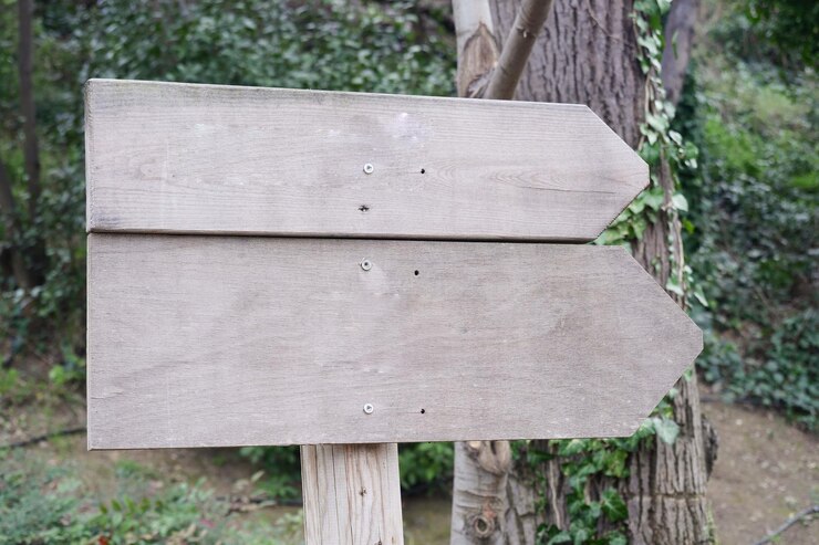 Grünes Holzschild im Park mit Kopierraumkonzept