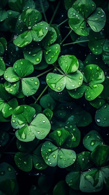 Grünes Kleeblatt mit Wassertropfen für einen natürlichen Hintergrund zum glücklichen St. Patrick's Day