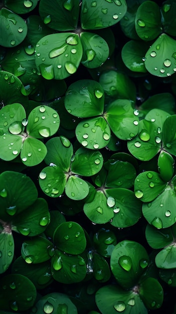Grünes Kleeblatt mit Wassertropfen für einen natürlichen Hintergrund zum glücklichen St. Patrick's Day