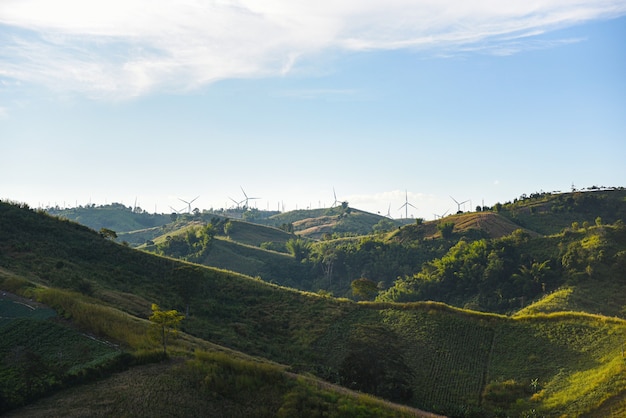 Grünes Öko-Energiekonzept der Windkraftanlagenlandschaft mit natürlicher Energie im Windkraftanlagenpark