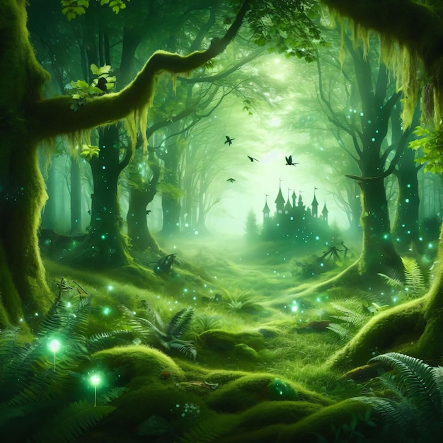 grünes märchenhaftes Waldbanner mit Copy Space-Hintergrund