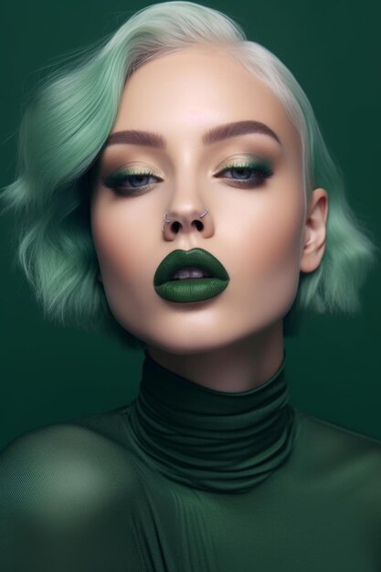 Grünes Make-up mit grüner Lippe und einer silbernen Halskette