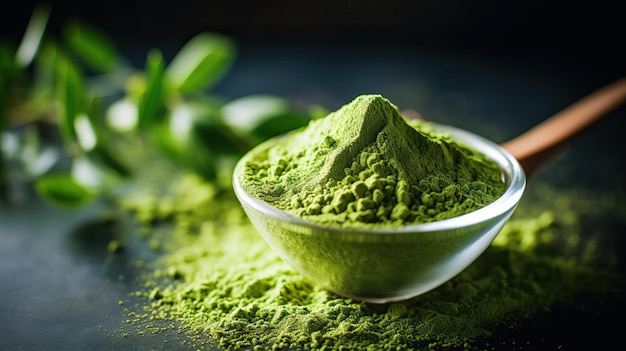 Grünes Matcha-Pulver. Natürliches Lebensmittel in Pulverform