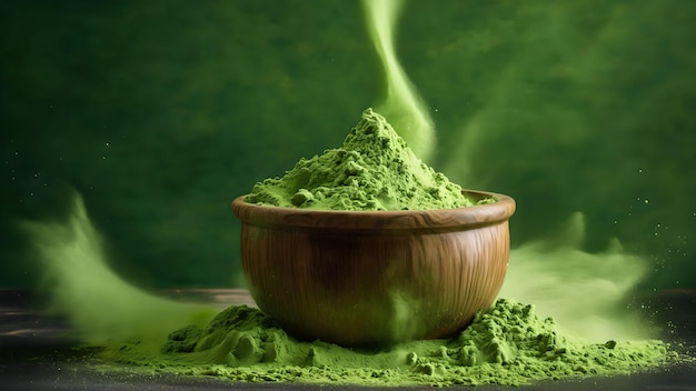 Grünes Matcha-Teepulver fällt. Generiert mit KI