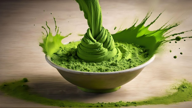 Grünes Matcha-Teepulver fällt. Generiert mit KI