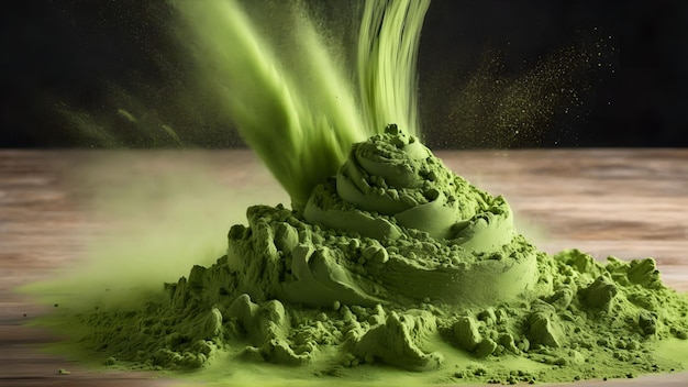 Grünes Matcha-Teepulver fällt. Generiert mit KI