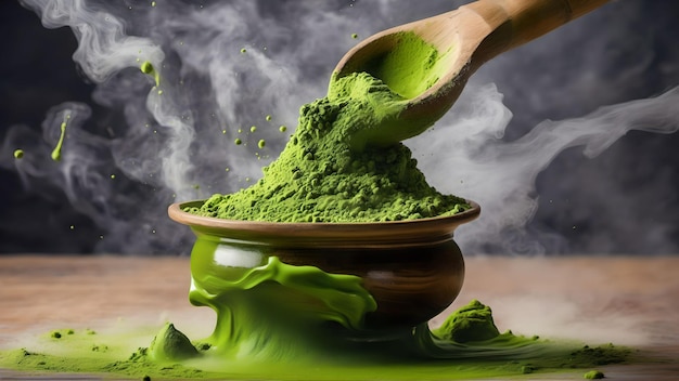 Grünes Matcha-Teepulver fällt mit KI generiert