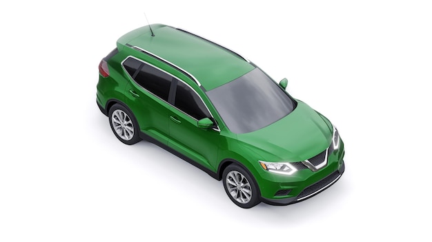 Grünes mittelgroßes städtisches SUV-Familienauto auf weißem Hintergrund 3D-Darstellung