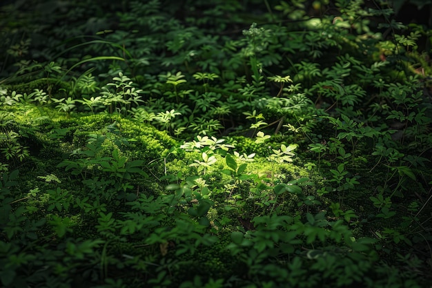 Grünes Moos mit komplizierten Mustern auf einem schattigen Waldboden