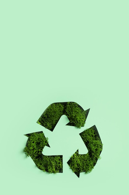 Grünes Moos unter Papierschnitt-Recycling-Symbol Speichern Sie das Öko-Recycling-Konzept des Planeten