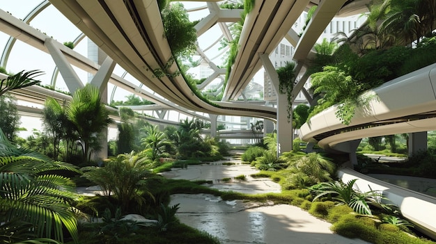 Grünes, nachhaltiges Gebäude, bedeckt mit blühenden vertikalen Hängepflanzen. Generative KI
