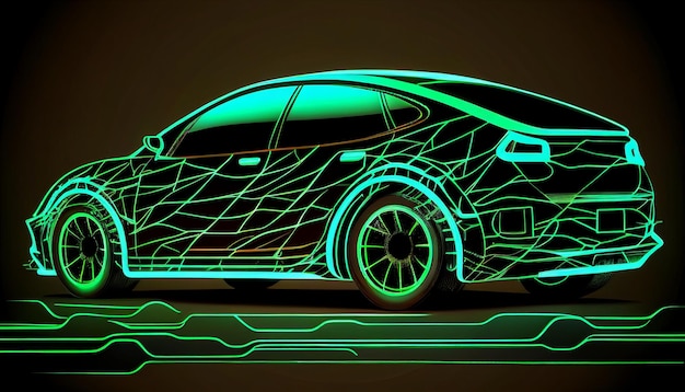 Grünes Neon, das im Dunkeln leuchtet, Elektroauto, das mit hoher Geschwindigkeit fährt, Konzept Schnelle Entwicklung Generative KI