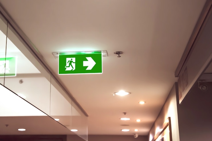 Foto grünes notausgangsschild oder notausgang im gebäude