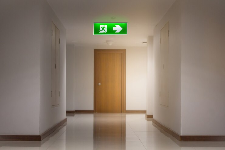 Foto grünes notfall-ausgangsschild im hotel, das den weg zur flucht zeigt