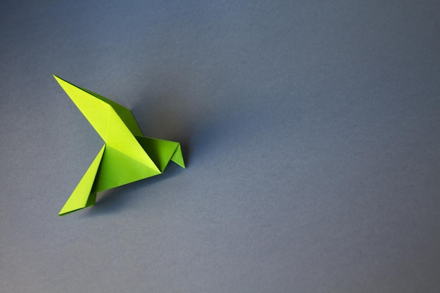 Grünes Papier Taube Origami isoliert auf grauem Hintergrund