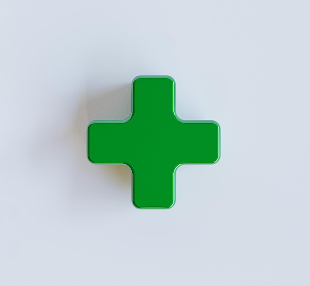 Grünes Pluszeichen auf weißem Hintergrund für Symbol des Krankenhaus- oder Versicherungsgesundheitswesens und positives Denkkonzept durch 3D-Rendering.