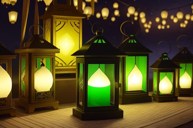 Grünes Ramadan-Kareem-Design mit Laternen mit arabischem Text Ramadan