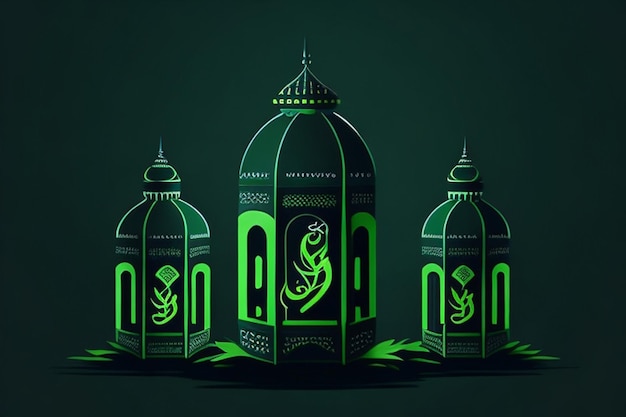 Grünes Ramadan-Kareem-Design mit Laternen mit arabischem Text Ramadan