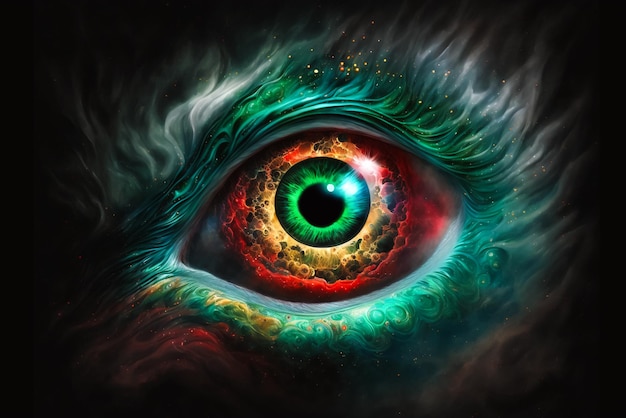 Grünes Sci-Fi-Fantasy-Auge mit einer ganzen Galaxie im Inneren