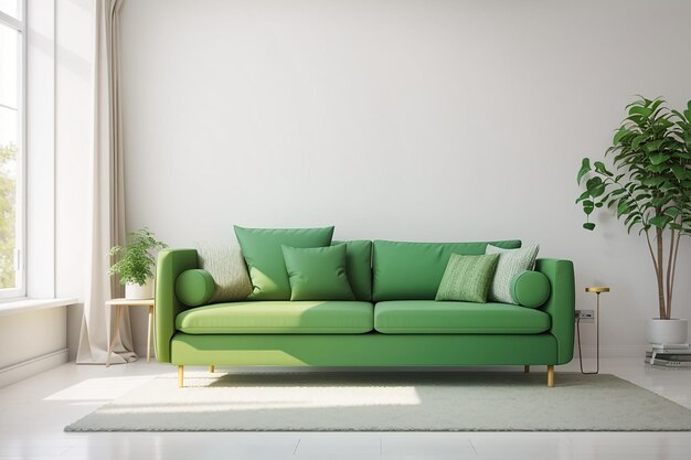 Grünes Sofa im weißen Wohnzimmer mit freiem Platz
