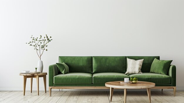 Grünes Sofa in einem modernen Wohnungsinterieur mit leerer Wand und Holztisch Generative Ai