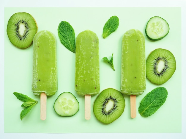 grünes Sorbet-Eis mit Kiwi-Gurke und Minzblättern auf grünem Hintergrund