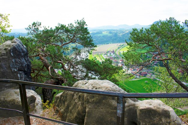 Grünes Tal mit Wiesenbäumen Dorfhäuser Berg am Horizont Bastei Park Sachsen Deutsch