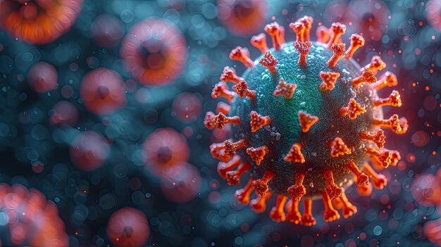 grünes und blaues Coronavirus umgeben von roten fluoreszierenden Punkten im Stil von dunkelazur und Gold