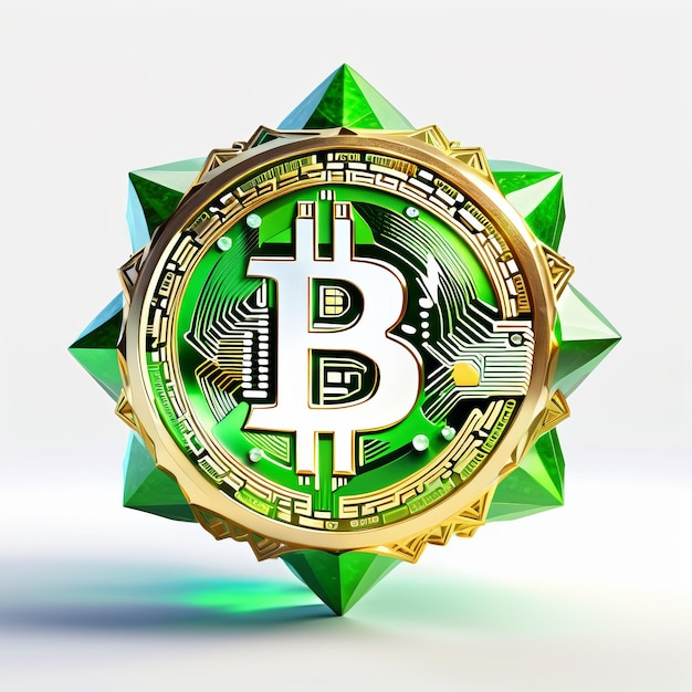 Grünes und Goldes Bitcoin-Emblem auf weißem Hintergrund