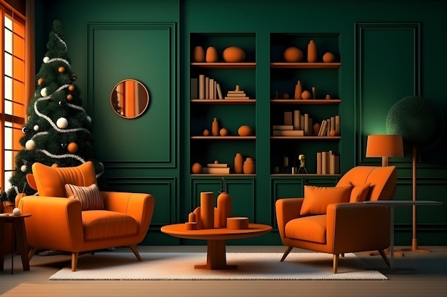 Grünes und orangefarbenes Weihnachtsinterieur