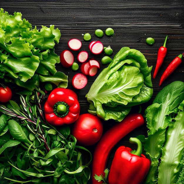 Grünes und rotes frisches Gemüse, rote Paprika, Radieschen, Tomaten, grüner Salat liegen flach auf einem dunklen Holztisch