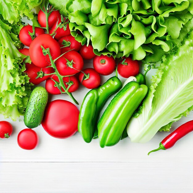 Grünes und rotes frisches Gemüse, rote Paprika, Radieschen, Tomaten, grüner Salat liegen flach auf einem weißen Holztisch