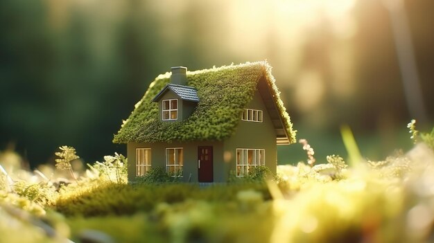 Foto grünes und umweltfreundliches wohnkonzept miniatur-holzhaus im frühlingsgras und moos