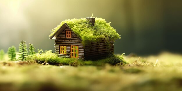 Grünes und umweltfreundliches Wohnkonzept Miniatur-Holzhaus im Frühlingsgras und Moos