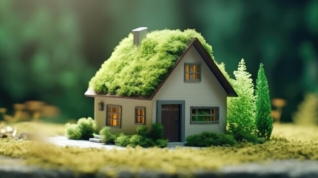 Grünes und umweltfreundliches Wohnkonzept Miniaturhaus aus Holz in Frühlingsgras und Moos