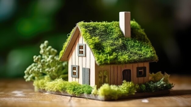 Grünes und umweltfreundliches Wohnkonzept Miniaturhaus aus Holz in Frühlingsgras und Moos