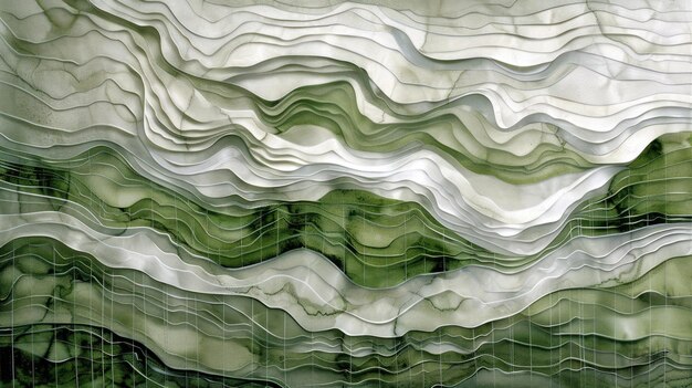 Grünes und weißes abstraktes Kunstwerk mit welligen Linien, die eine dynamische Komposition erzeugen