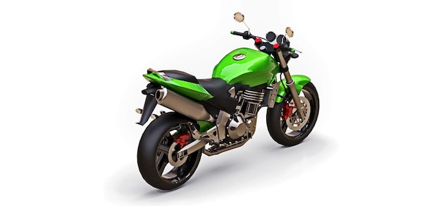 Grünes urbanes Sport-Zweisitzer-Motorrad auf weißem Hintergrund. 3D-Darstellung.