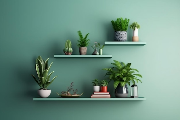 Grünes Wandmodell mit grüner Pflanze und Regal 3D-Rendering