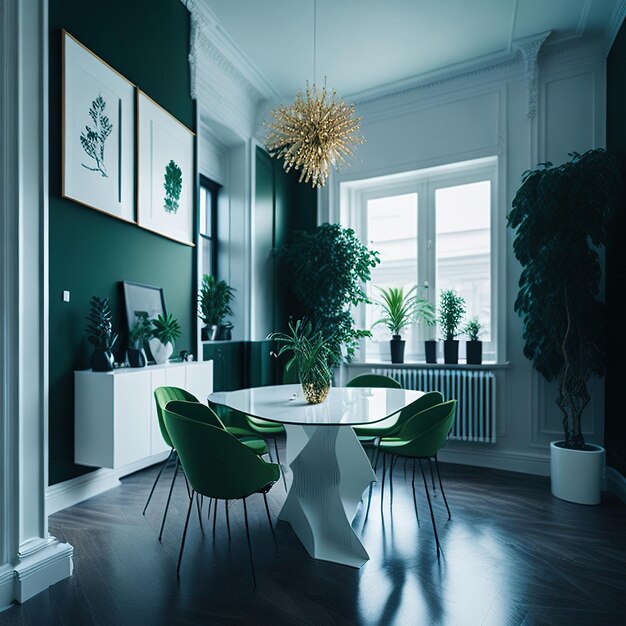 Grünes Wohnzimmer mit Freiraum mit goldenen Details
