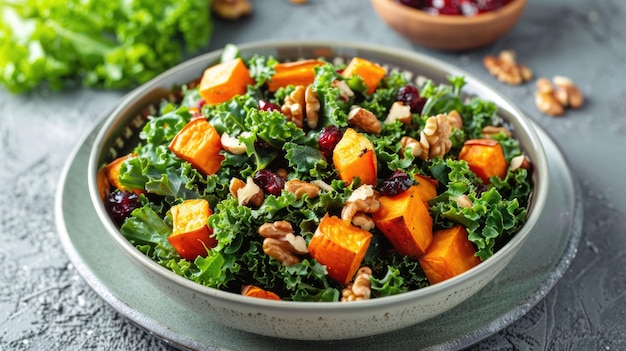 Grünkohl und gerösteter Süßkartoffelsalat mit Cranberries und Walnüssen